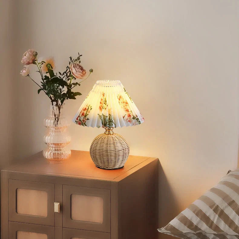 Boho Rattan Pleated Cone Table Lamp