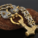 Metallic Wolf Pendant Necklace with Thor Hammer Charm