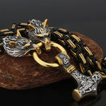 Metallic Wolf Pendant Necklace with Thor Hammer Charm