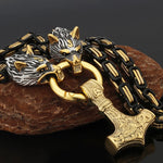Metallic Wolf Pendant Necklace with Thor Hammer Charm