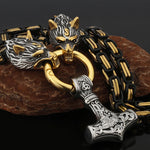 Metallic Wolf Pendant Necklace with Thor Hammer Charm