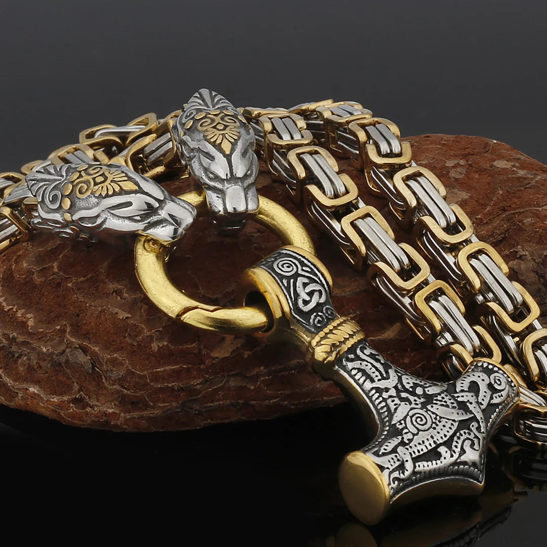 Metallic Wolf Pendant Necklace with Thor Hammer Charm