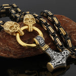 Metallic Wolf Pendant Necklace with Thor Hammer Charm