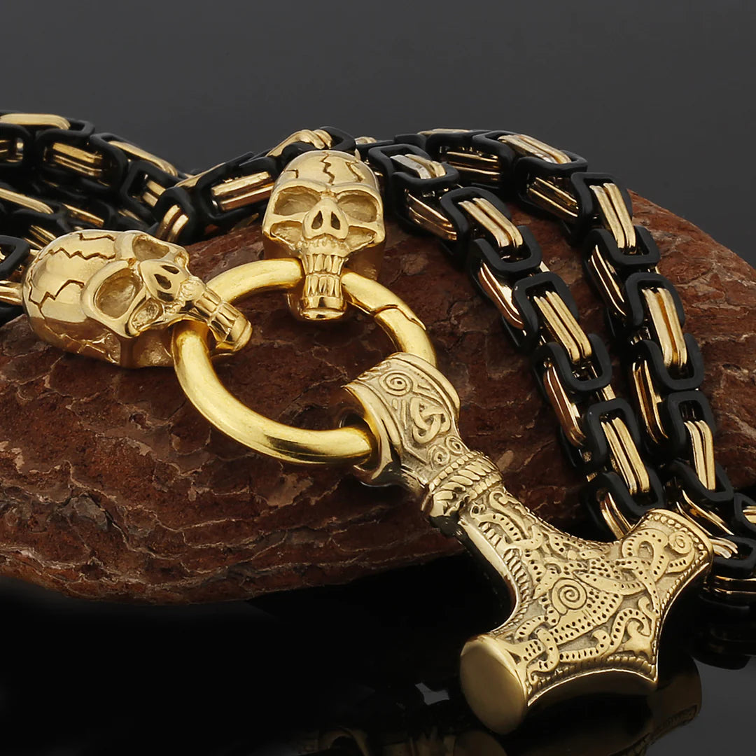 Metallic Wolf Pendant Necklace with Thor Hammer Charm