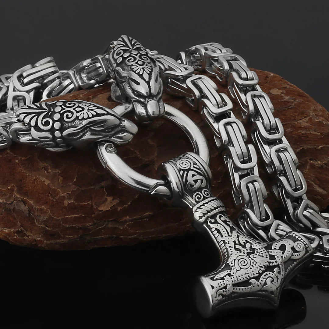 Metallic Wolf Pendant Necklace with Thor Hammer Charm