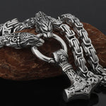 Metallic Wolf Pendant Necklace with Thor Hammer Charm