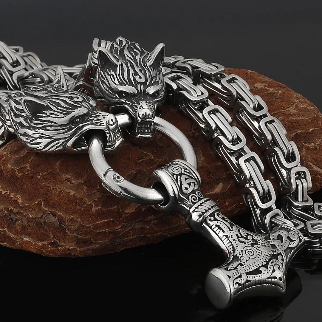 Metallic Wolf Pendant Necklace with Thor Hammer Charm