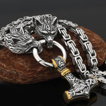 Metallic Wolf Pendant Necklace with Thor Hammer Charm
