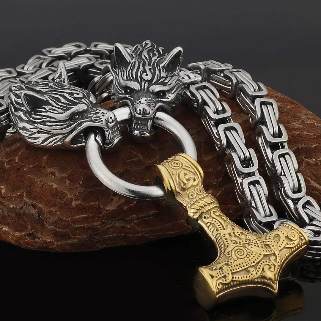 Metallic Wolf Pendant Necklace with Thor Hammer Charm