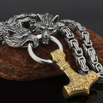 Metallic Wolf Pendant Necklace with Thor Hammer Charm