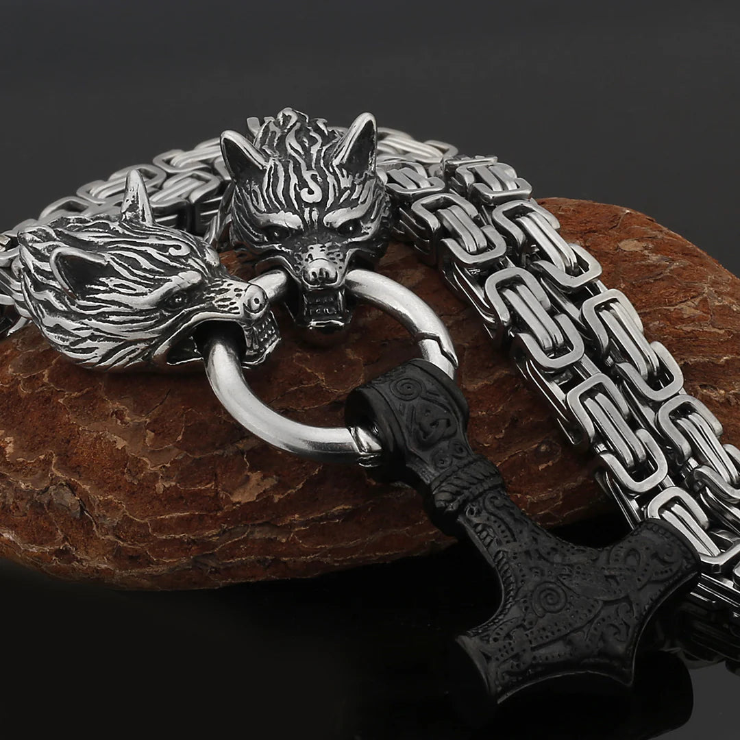 Metallic Wolf Pendant Necklace with Thor Hammer Charm