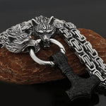 Metallic Wolf Pendant Necklace with Thor Hammer Charm