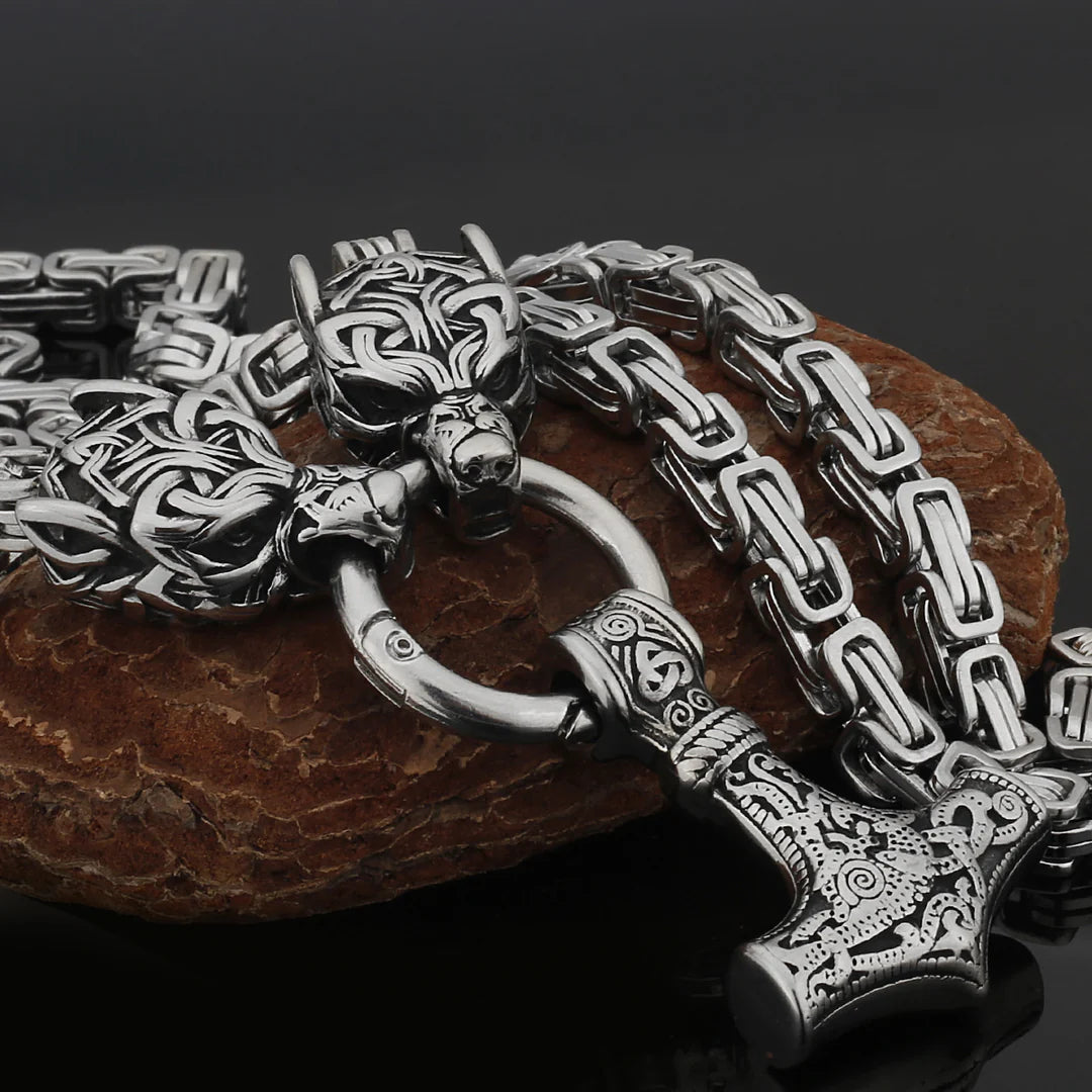 Metallic Wolf Pendant Necklace with Thor Hammer Charm