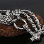 Metallic Wolf Pendant Necklace with Thor Hammer Charm
