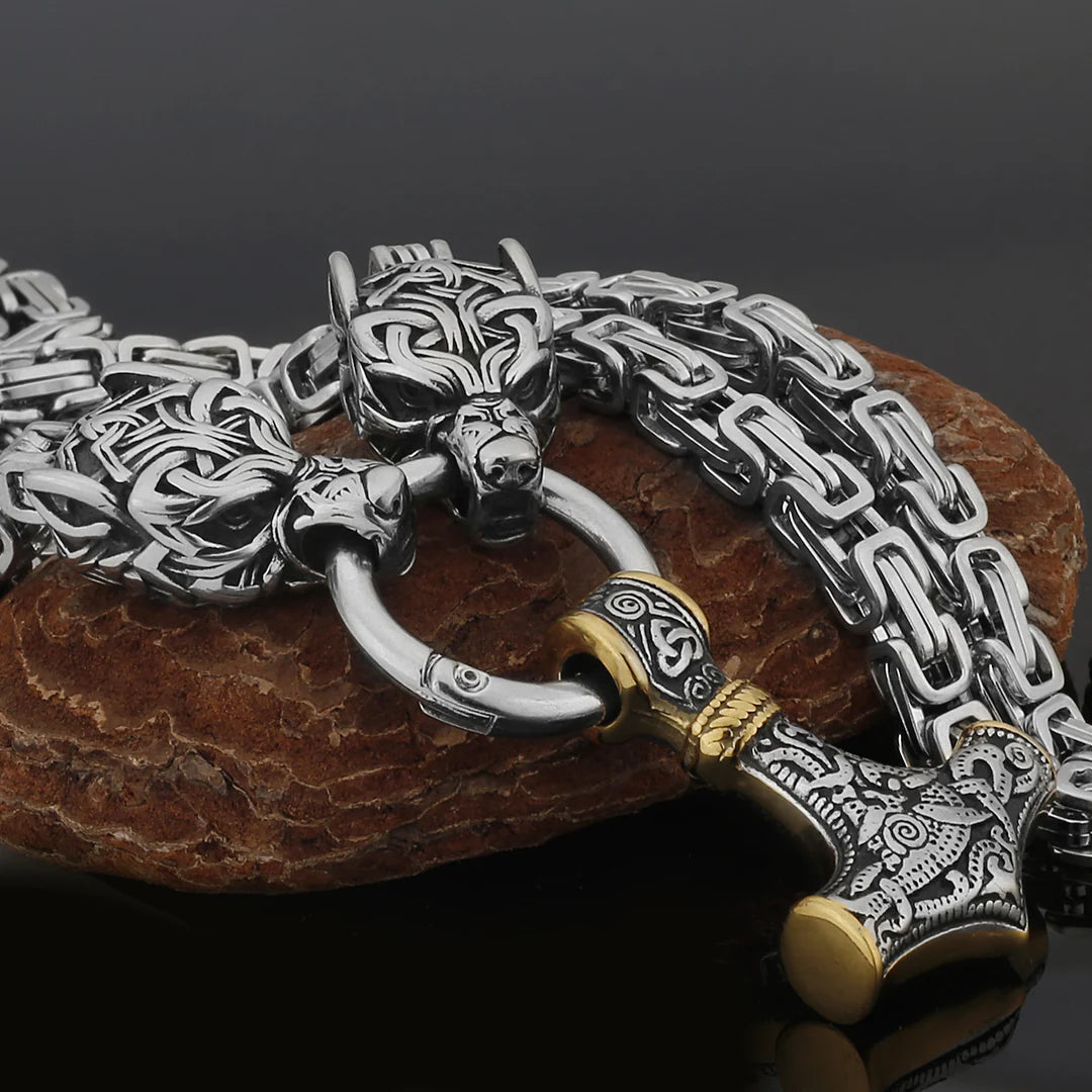 Metallic Wolf Pendant Necklace with Thor Hammer Charm