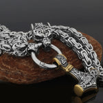 Metallic Wolf Pendant Necklace with Thor Hammer Charm