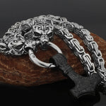 Metallic Wolf Pendant Necklace with Thor Hammer Charm