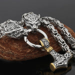 Metallic Wolf Pendant Necklace with Thor Hammer Charm
