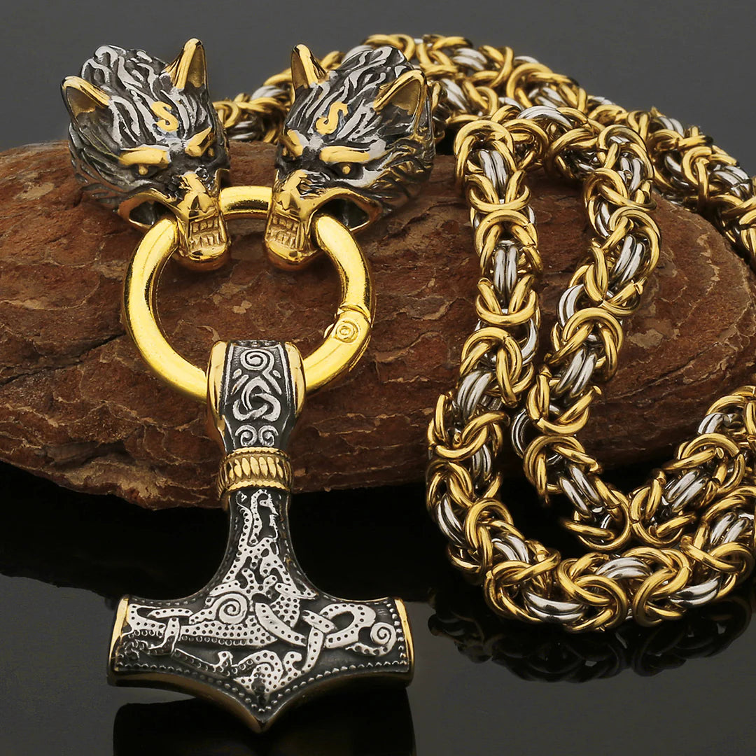 Metallic Wolf Pendant Necklace with Thor Hammer Charm