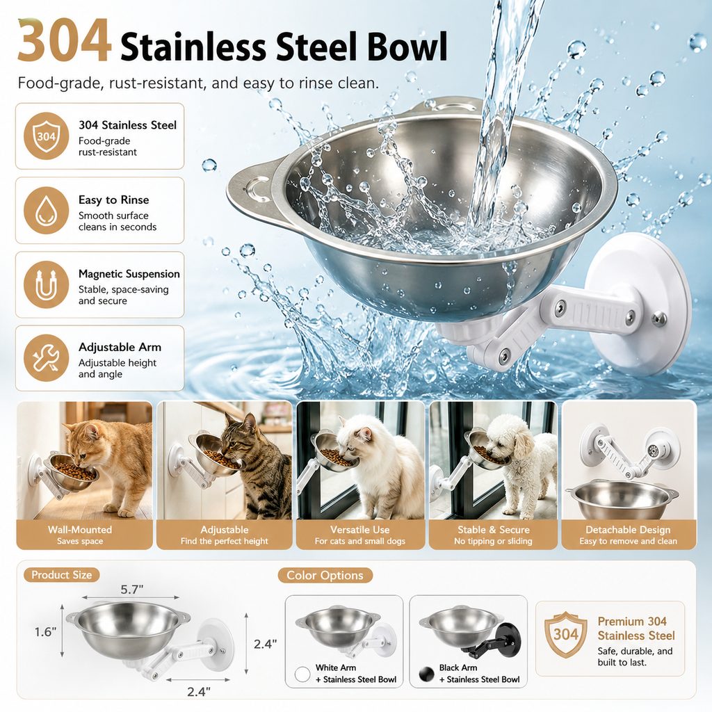Dotisk No-Drill Wall-Mounted Pet Bowl for Small Dogs & Cats - Elevated Feeding for Cleaner Floors