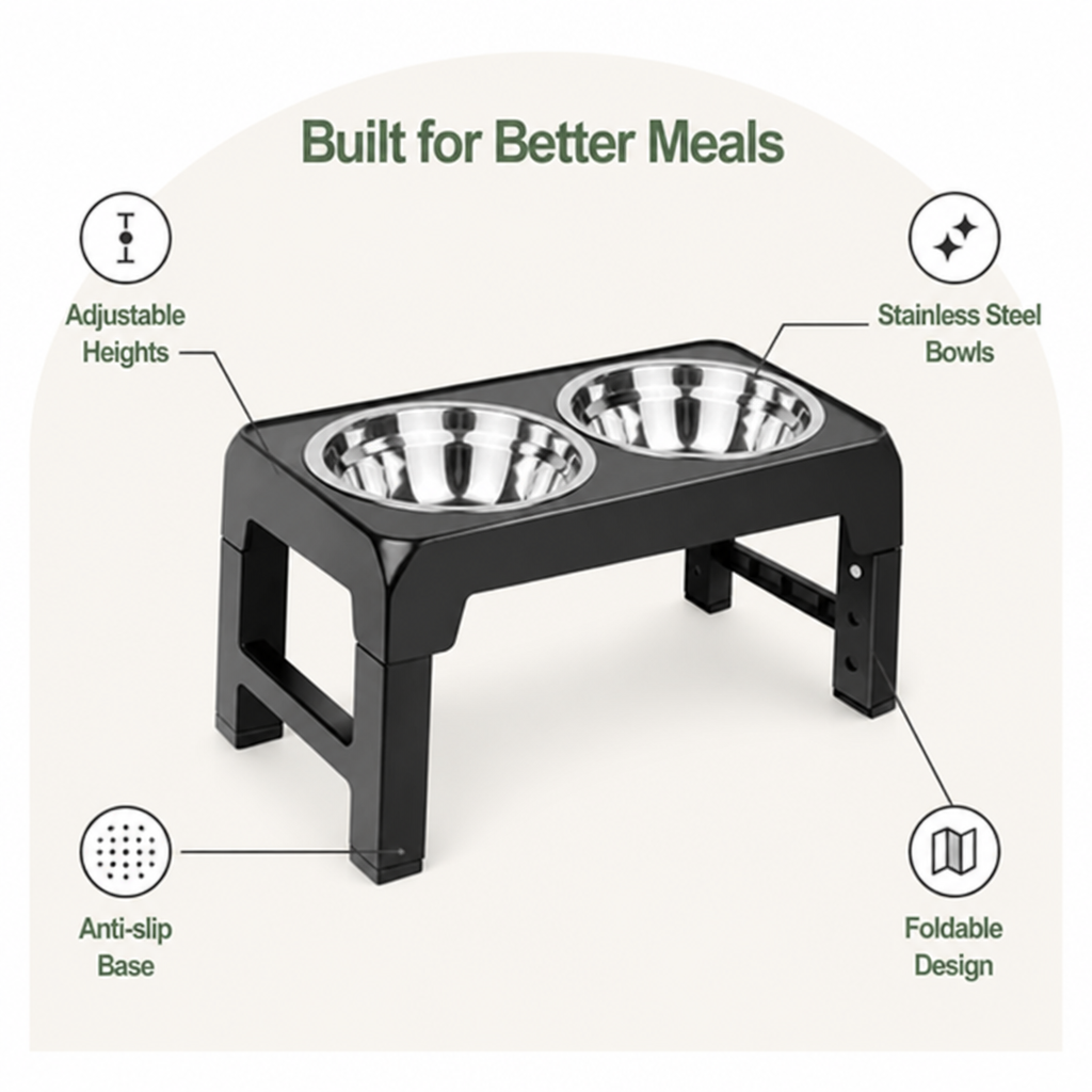 Dotisk Adjustable Height Stainless Steel Elevated Dog Feeder (Foldable)