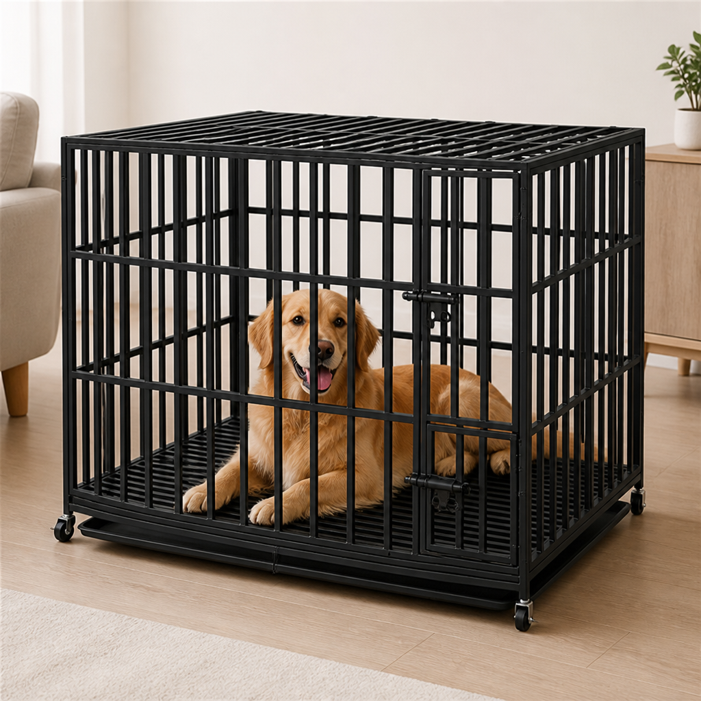 Dotisk Heavy-Duty Metal 3-Door Dog Crate (Lockable Wheels)