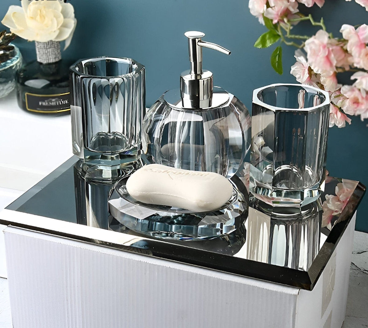 Crystal Glass Bathroom Accessories Set, Glass Soap Dispenser with Toothbrush Holder, Vanity Tray for Bathroom Countertop