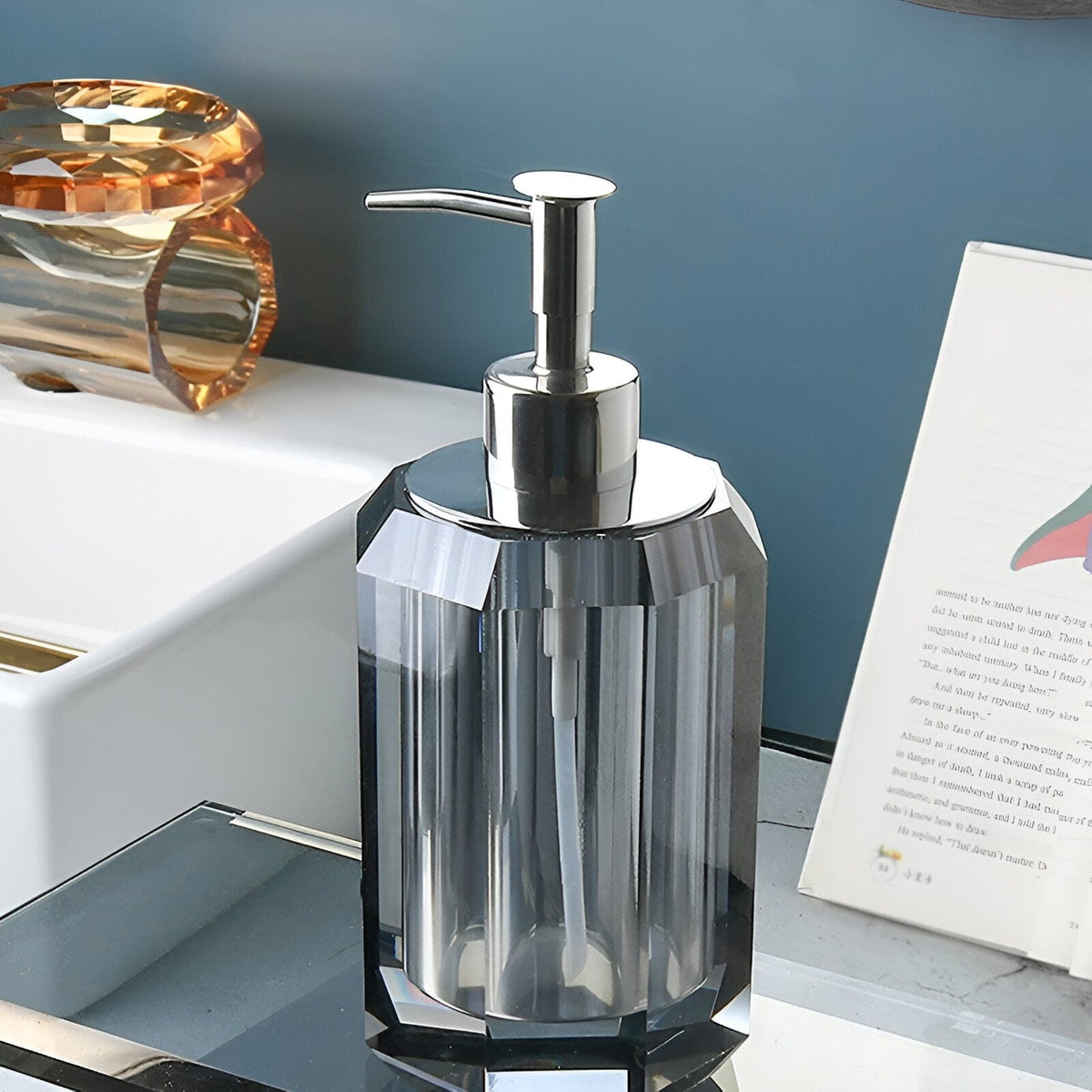 Crystal Glass Bathroom Accessories Set, Glass Soap Dispenser with Toothbrush Holder, Vanity Tray for Bathroom Countertop