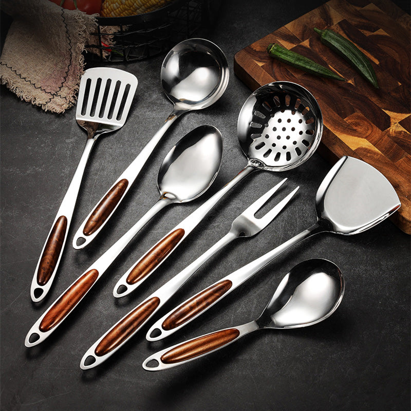Pro Kitchen Stainless Steel Utensil Set - Wooden Handle Cookware - Dotisk