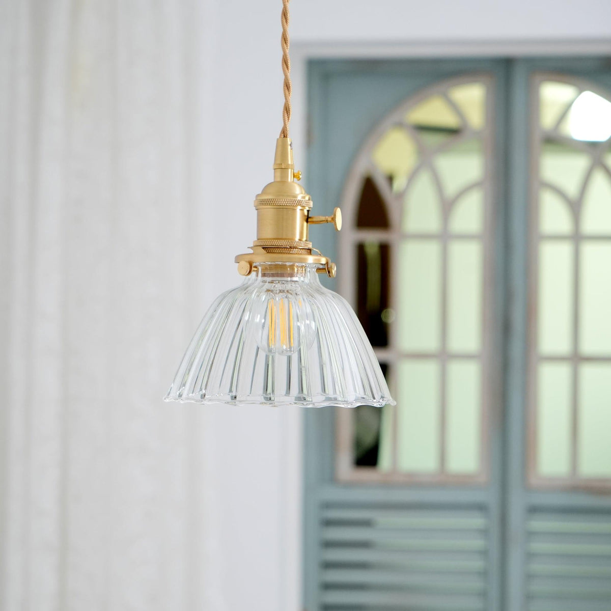 Glass Drop Pendant with Brass Hardware – Hanging Light for Countertops & Tables – Adjustable Suspension – E26 Socket – Transparent Dome Fixt