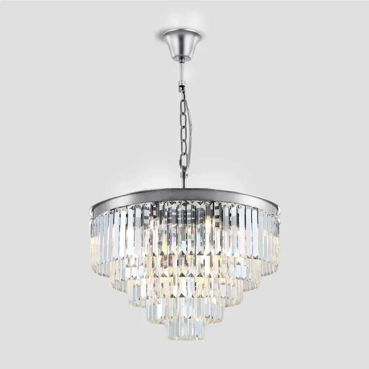 Tiered Crystal Chandelier with Cascading Glass Rods – Multi-Level Statement Lighting for Dining Room & Foyer – Brass, Black & Nickel Finish