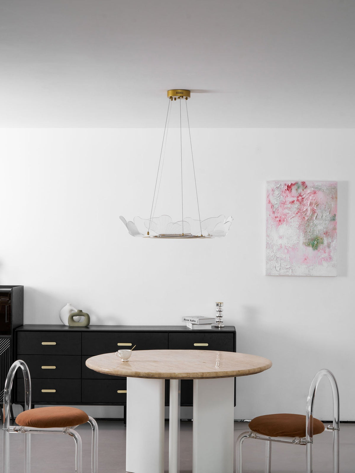 Round Pendant Light with Acrylic Leaf Diffuser 27 in Gold Adjustable Height LED for Kitchen Dining Room Office Bedroom Modern Flush Mount Fi