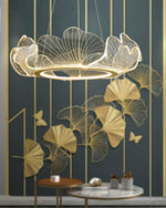Round Pendant Light with Acrylic Leaf Diffuser 27 in Gold Adjustable Height LED for Kitchen Dining Room Office Bedroom Modern Flush Mount Fi
