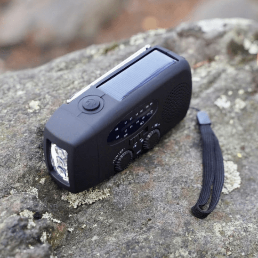 Portable Emergency Radio with Flashlight and Hand Crank