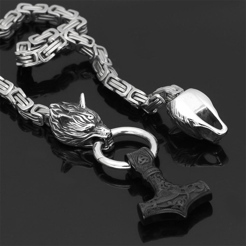 Metallic Wolf Pendant Necklace with Thor Hammer Charm