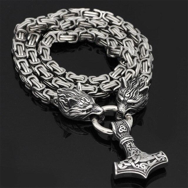 Metallic Wolf Pendant Necklace with Thor Hammer Charm