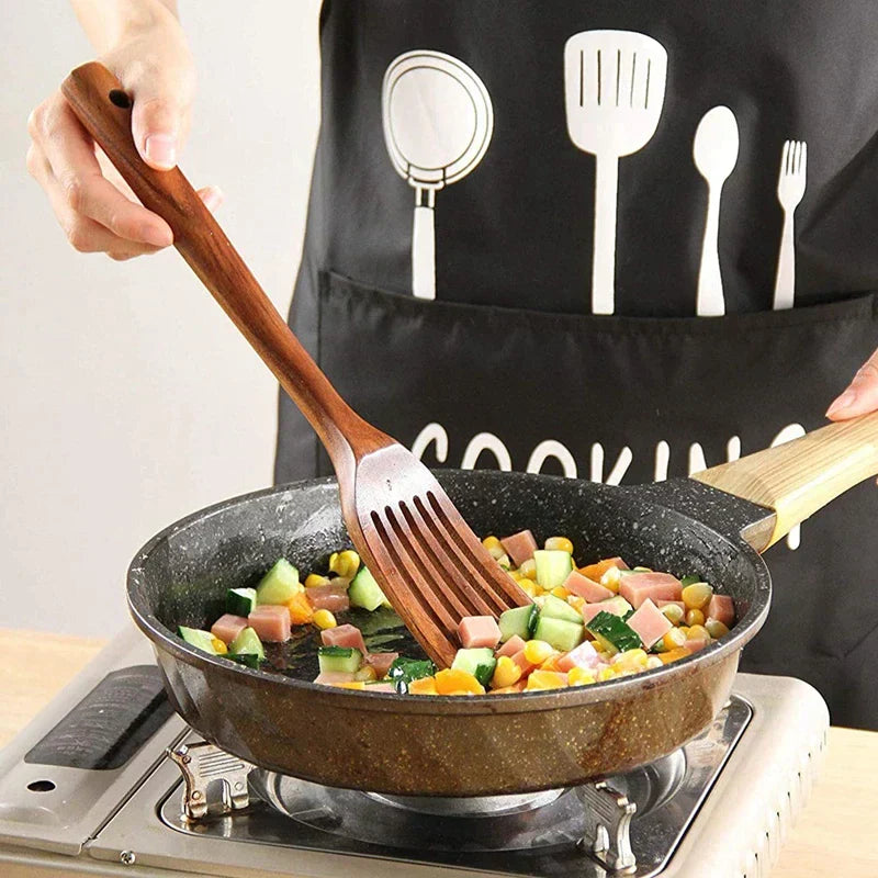 Natural Wood Kitchen Utensil Set with Teak Handle