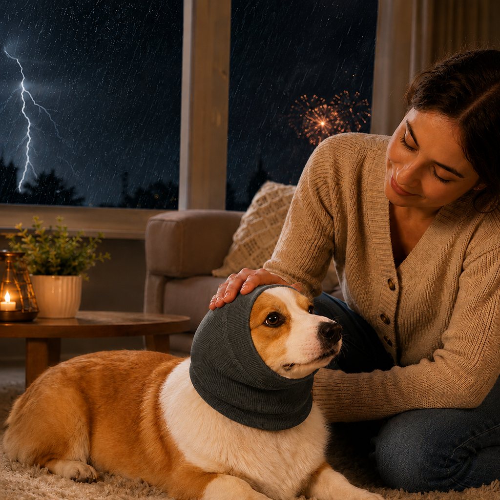 Dotisk Dog Calming Head Wrap for Thunder, Fireworks & Cold Walks - Soft Ear Coverage for Stressful Moments