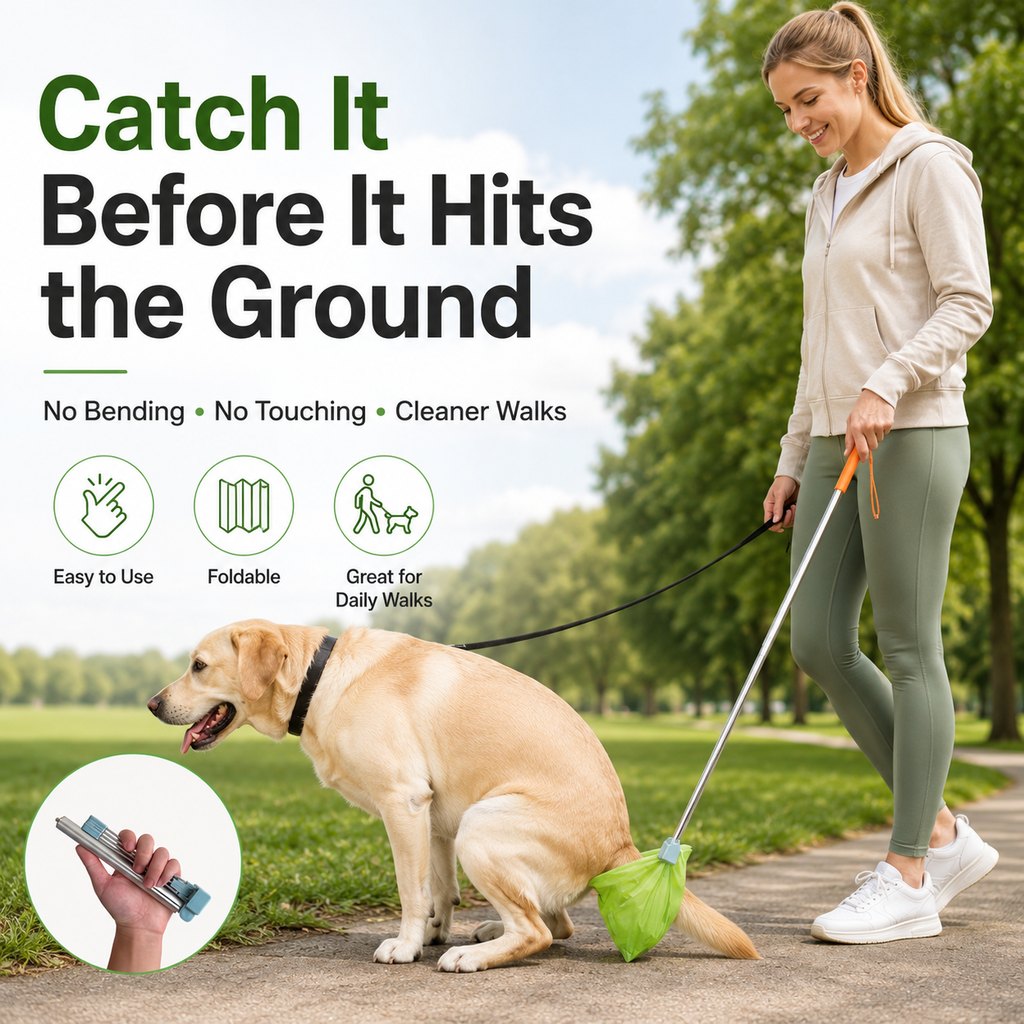 Dotisk Foldable Dog Poop Catcher for Walks - No-Bend Waste Pickup Tool with Telescopic Handle