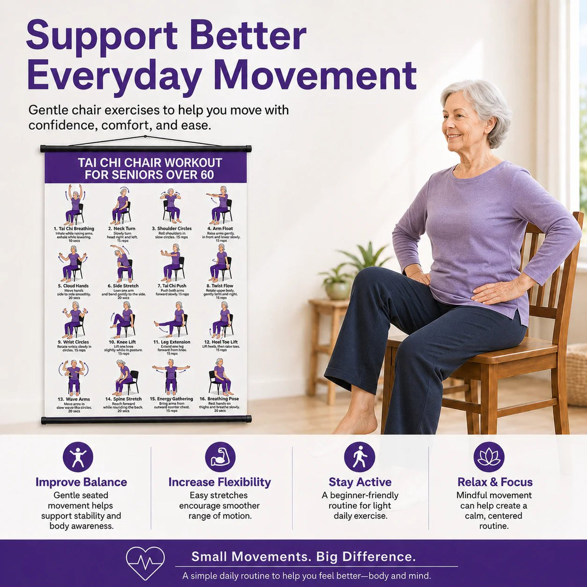 16-Move Seated Tai Chi Exercise Chart for Seniors