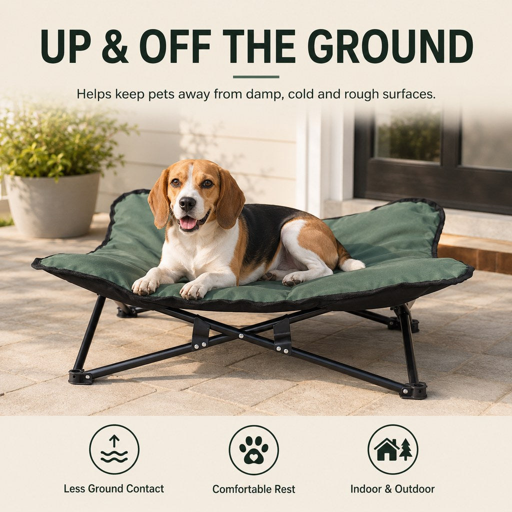Dotisk Portable Folding Elevated Pet Bed for Dogs & Cats โ Padded Raised Cot for Camping, Patio & Home, Keeps Pets Off Cold, Damp & Hard Ground