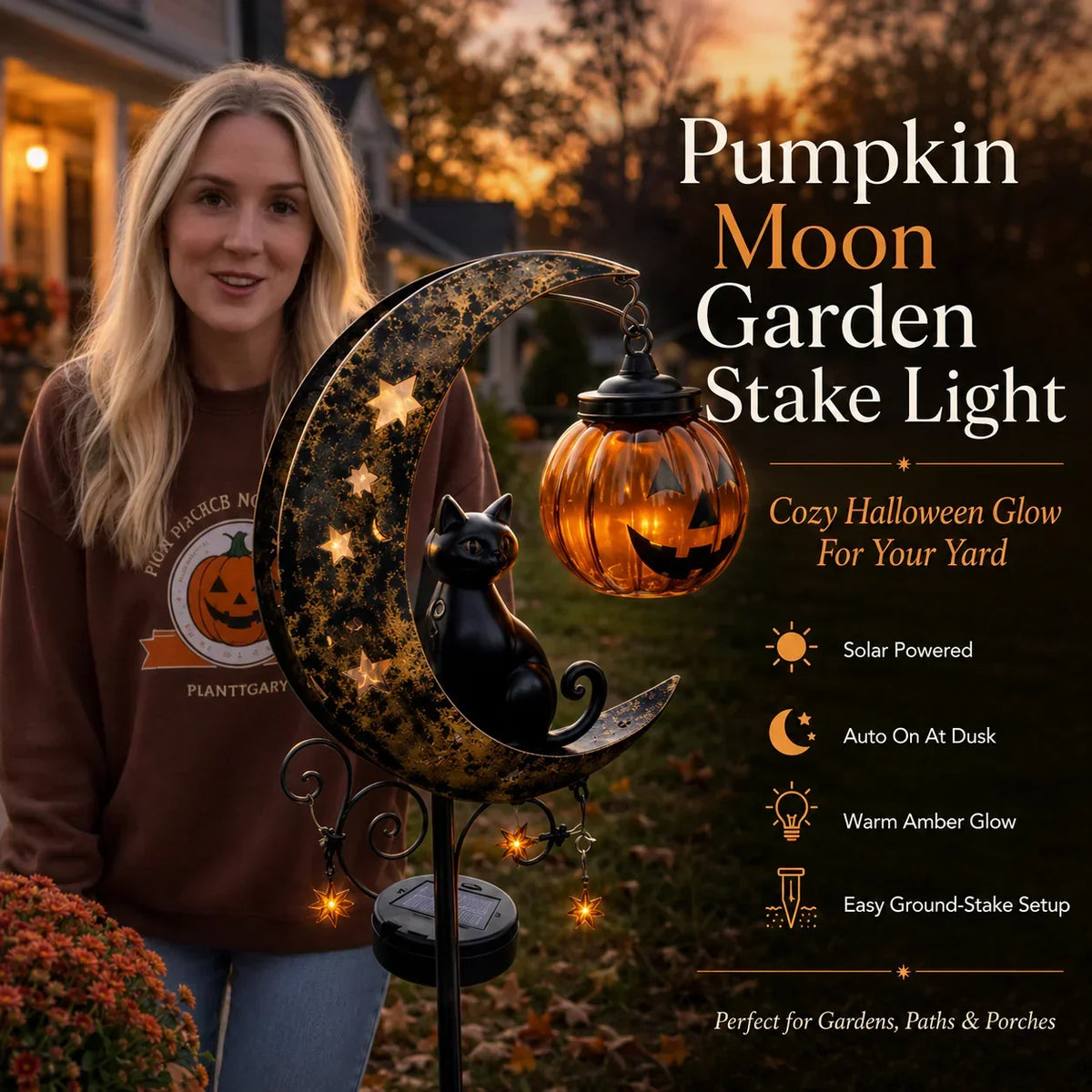 Pumpkin Moon Solar Garden Stake Light