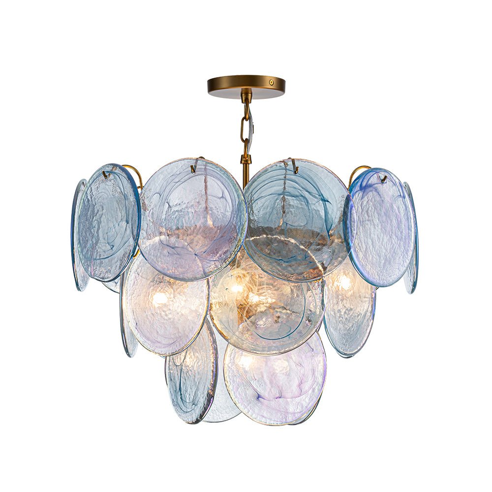 Layered Round Ceiling Fixture with Hand-Blown Sapphire Swirl Glass Discs for Dining Room & Entryway
