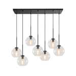 Seven-Globe Hanging Light with Adjustable Height Cords for Kitchen Island & Dining Table, Clear Glass Spheres, 35-Inch Canopy, E26 Base, Dim