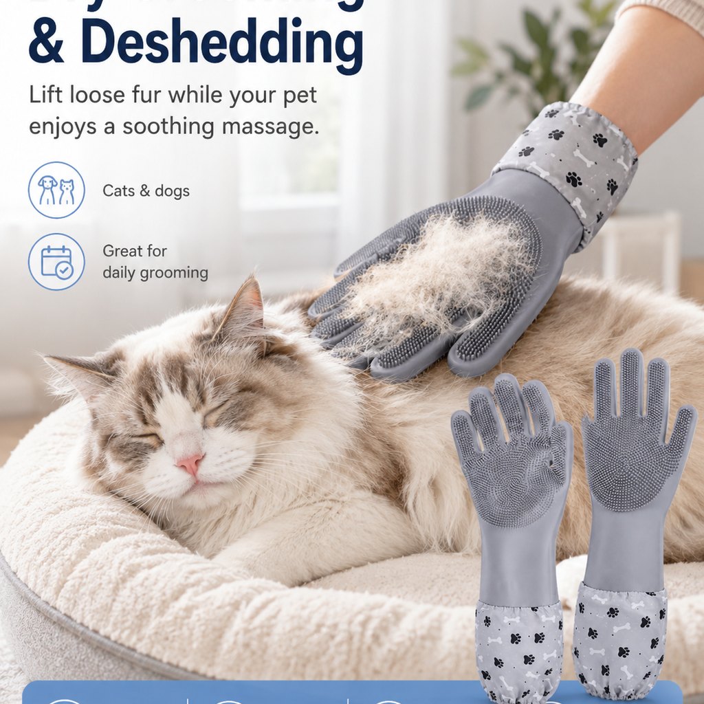 Dotisk Long-Sleeve Pet Bath & Grooming Gloves for Cats & Dogs - Cleaner Baths, Gentle Deshedding & Massage