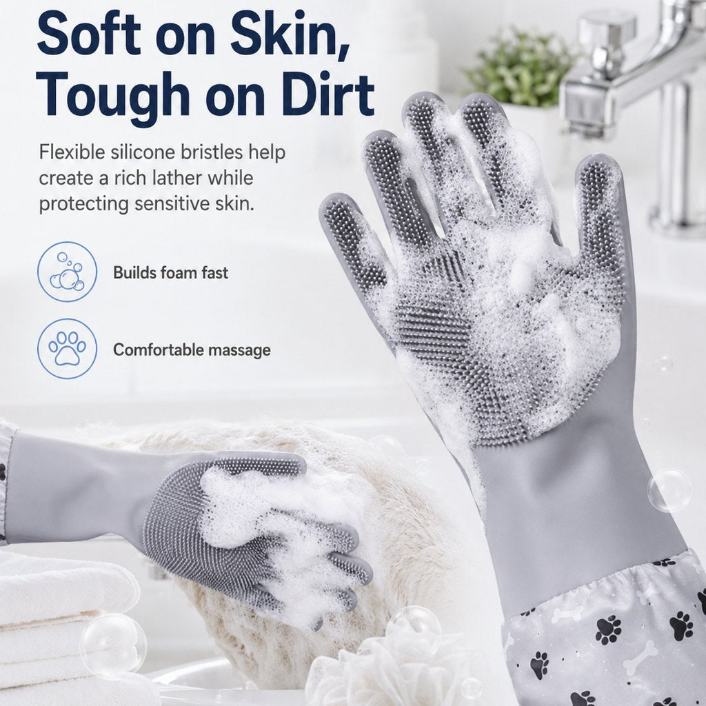Dotisk Long-Sleeve Pet Bath & Grooming Gloves for Cats & Dogs - Cleaner Baths, Gentle Deshedding & Massage