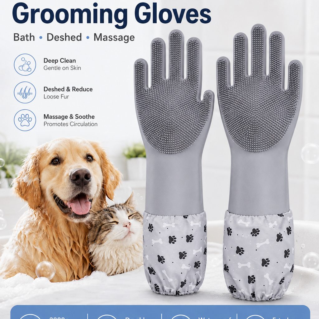 Dotisk Long-Sleeve Pet Bath & Grooming Gloves for Cats & Dogs - Cleaner Baths, Gentle Deshedding & Massage