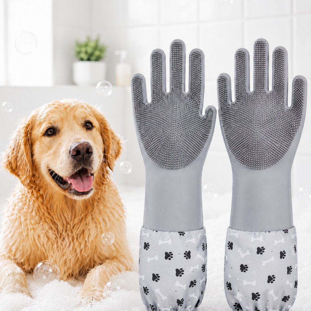 Dotisk Long-Sleeve Pet Bath & Grooming Gloves for Cats & Dogs - Cleaner Baths, Gentle Deshedding & Massage