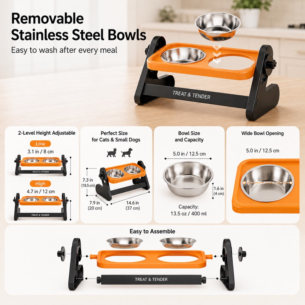 Dotisk Adjustable Elevated Stainless Steel Pet Bowls for Cats & Small Dogs - Tilted Feeding Station for Easier Mealtime & Less Floor Mess