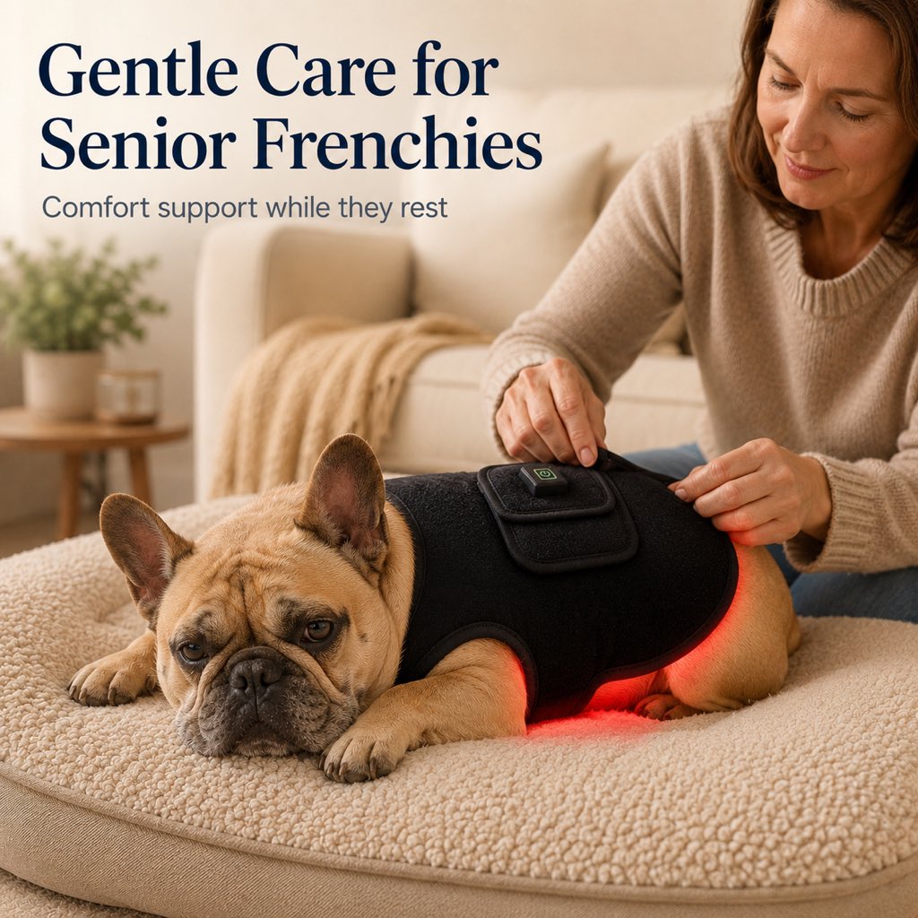 Dotisk FrenchieGlow Red Light Comfort Vest for French Bulldogs - USB-Powered or Built-In Battery At-Home Back, Belly & Hip Comfort After Walks